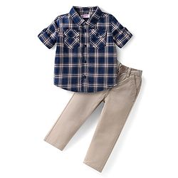 Babyhug Cotton Woven Full Sleeves Checkered Shirt and Trouser Set - Grey & Navy Blue