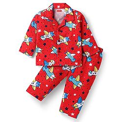 Babyhug Cotton Knit Full Sleeves Front Open Co-ords Night Suit with Airplane Print - Red