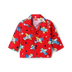 Babyhug Cotton Knit Full Sleeves Front Open Co-ords Night Suit with Airplane Print - Red