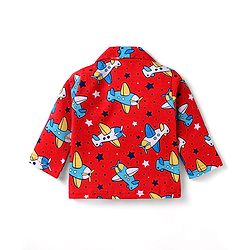 Babyhug Cotton Knit Full Sleeves Front Open Co-ords Night Suit with Airplane Print - Red