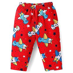 Babyhug Cotton Knit Full Sleeves Front Open Co-ords Night Suit with Airplane Print - Red