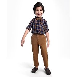 Babyhug Cotton Woven Full Sleeves Checkered Shirt & Solid Trouser & Bow - Navy Blue & Brown
