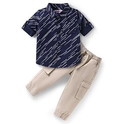 Babyhug Cotton Woven Full Sleeves Printed Shirt & Joggers Set - Navy Blue & Beige