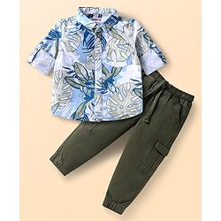 Babyhug Cotton Woven Full Sleeves Leaves Printed Shirt & Joggers Set - Blue &  Dark Green