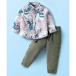 Babyhug Cotton Woven Full Sleeves Leaf Printed Shirt & Solid Trouser Set - White & Green