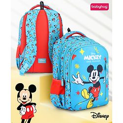Babyhug Disney Mickey Mouse School Backpack|2 Main Compartments, 2 Front Pockets, 2 side Bottle Pockets|Water Resistant|Long lasting and Durable Zippers | Comfortable back cushioning | For School, Travel and Outdoors|Blue- 15.8 inches
