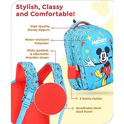 Babyhug Disney Mickey Mouse School Backpack|2 Main Compartments, 2 Front Pockets, 2 side Bottle Pockets|Water Resistant|Long lasting and Durable Zippers | Comfortable back cushioning | For School, Travel and Outdoors|Blue- 15.8 inches