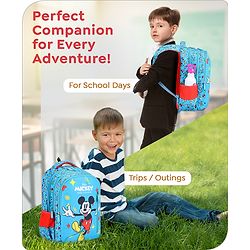 Babyhug Disney Mickey Mouse School Backpack|2 Main Compartments, 2 Front Pockets, 2 side Bottle Pockets|Water Resistant|Long lasting and Durable Zippers | Comfortable back cushioning | For School, Travel and Outdoors|Blue- 15.8 inches