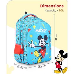 Babyhug Disney Mickey Mouse School Backpack|2 Main Compartments, 2 Front Pockets, 2 side Bottle Pockets|Water Resistant|Long lasting and Durable Zippers | Comfortable back cushioning | For School, Travel and Outdoors|Blue- 15.8 inches