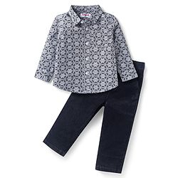 Babyhug Cotton Woven Full Sleeves Floral Print Shirts & Trouser Set - Black & White