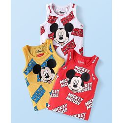 Babyhug Disney Interlock Knit Sleeveless Vests With Mickey Mouse Graphics Pack of 3 - Red Yellow & White