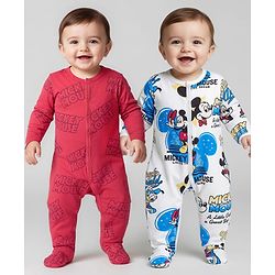 Babyhug Disney Interlock Knit Full Sleeves Footed Sleep Suits With Mickey Mouse Graphics Pack Of 2 - Red & White