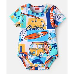 Babyhug 100% Cotton Knit Half Sleeves Onesie with Beach Theme Print - Light Blue