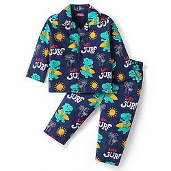Babyhug Cotton Knit Full Sleeves Co-ords Night Suit with Beach Theme Print - Navy Blue