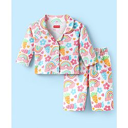 Babyhug Cotton Knit Full Sleeves Co-ords Night Suit with Rainbow & Floral Print - White