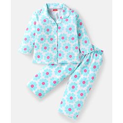 Babyhug Cotton Knit Full Sleeves Co-ords Night Suit with Floral Print - White