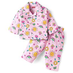 Babyhug Cotton Knit Full Sleeves Night Suit with Floral Print - Pink