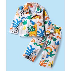 Babyhug Cotton Knit Full Sleeves Front Open Co-ords Night Suit with Animal Print - White