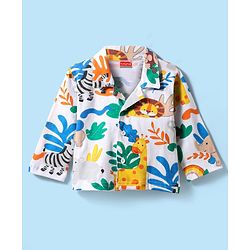 Babyhug Cotton Knit Full Sleeves Front Open Co-ords Night Suit with Animal Print - White