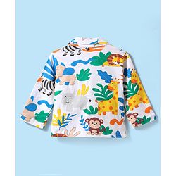 Babyhug Cotton Knit Full Sleeves Front Open Co-ords Night Suit with Animal Print - White