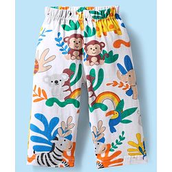 Babyhug Cotton Knit Full Sleeves Front Open Co-ords Night Suit with Animal Print - White