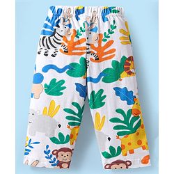 Babyhug Cotton Knit Full Sleeves Front Open Co-ords Night Suit with Animal Print - White