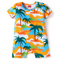 Babyhug Interlock Knit Half Sleeves Romper With Beach Theme Print - Yellow
