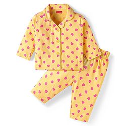 Babyhug Cotton Knit Full Sleeves Night Suit With Heart Print- Yellow