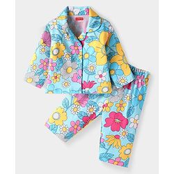 Babyhug Cotton Knit Full Sleeves Night Suit With Floral Print- Light Blue