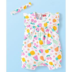 Babyhug Interlock Knit Frill Sleeves Romper With Fruit Print & Hairband - White