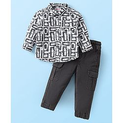 Babyhug Cotton Woven Full Sleeves Printed Shirt & Solid Trouser Set - White & Charcoal Grey