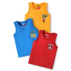 Babyhug Disney Interlock Knit Sleeveless Vests with Mickey Mouse Graphics Pack of 3 - Red Yellow & Blue