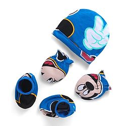 Babyhug Disney Interlock Knit Cap Mittens & Booties Set with Mickey Mouse Graphics Blue - Diameter 10 cm