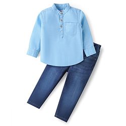 Babyhug Cotton Woven Full Sleeves Solid Shirt & Denim Jeans Set - Light & Navy Blue