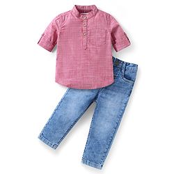 Babyhug Cotton Woven Full Sleeves  Mandarin Collar Shirt & Jeans Set - Red & Blue