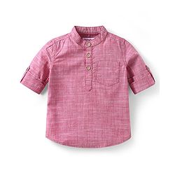 Babyhug Cotton Woven Full Sleeves  Mandarin Collar Shirt & Jeans Set - Red & Blue