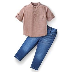 Babyhug Cotton Woven Full Sleeves Kurta Styled Solid Shirt & Denim Jeans Set - Tan & Blue