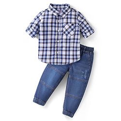 Babyhug Cotton Woven Full Sleeves Checks Shirt & Denim Jeans Set - Blue