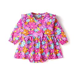 Babyhug Interlock Knit Full Sleeves Frock Style Onesie With Floral Print & Bow Applique - Fuchsia