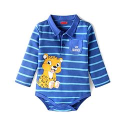 Babyhug 100 % Cotton Knit Full Sleeves Striped & Animal Printed Collared Onesie - Blue