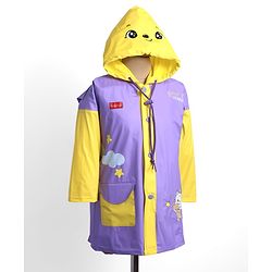 Babyhug Full Sleeves Below Knee Length Raincoat With Animal Print - Purple & Yellow