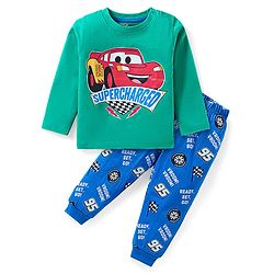 Babyhug Disney Single Jersey Knit Full Sleeves Night Suit With Car Graphics - Blue & Green
