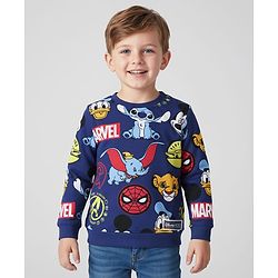 Babyhug Disney Terry Knit Full Sleeves T-Shirt with Disney Characters Print - Navy Blue