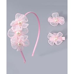 Babyhug Hair Clips & Hairband with Floral & Pearl Applique Accessories Combo Set - Light Pink
