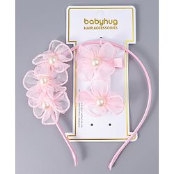 Babyhug Hair Clips & Hairband with Floral & Pearl Applique Accessories Combo Set - Light Pink