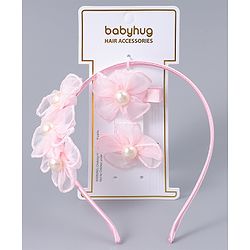 Babyhug Hair Clips & Hairband with Floral & Pearl Applique Accessories Combo Set - Light Pink