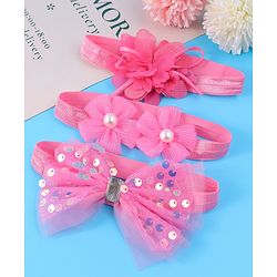 Babyhug Free Size Headbands With Floral & Bow Applique With Pearl Detailing Pack Of 3 - Fuchsia