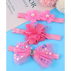 Babyhug Free Size Headbands With Floral & Bow Applique With Pearl Detailing Pack Of 3 - Fuchsia