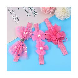 Babyhug Free Size Headbands With Floral & Bow Applique With Pearl Detailing Pack Of 3 - Fuchsia