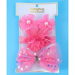 Babyhug Free Size Headbands With Floral & Bow Applique With Pearl Detailing Pack Of 3 - Fuchsia